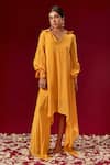 Buy_Masumi Mewawalla_Yellow Satin Organza Embroidery Spread Collar Asymmetric Kurta  _Online_at_Aza_Fashions