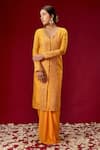 Buy_Masumi Mewawalla_Yellow Dupion Silk Embroidery V Neck Jacket Kurta And Dhoti Skirt Set _at_Aza_Fashions