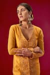 Buy_Masumi Mewawalla_Yellow Dupion Silk Embroidery V Neck Jacket Kurta And Dhoti Skirt Set _Online_at_Aza_Fashions