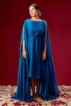 Buy_Masumi Mewawalla_Blue Satin Organza Embroidery Halter Draped Kaftan Dress  _at_Aza_Fashions