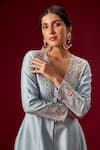 Buy_Masumi Mewawalla_Blue Dupion Silk Embroidery V Neck Jacket And Pant Set _Online_at_Aza_Fashions