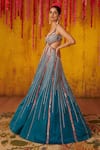 Shop_Masumi Mewawalla_Blue Satin Organza Hand Embroidered Sequins V Neck Cutout Gown  _at_Aza_Fashions