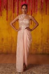 Buy_Masumi Mewawalla_Pink Satin Organza Hand Embroidered Asymmetric Tunic Dhoti Pant Set  _at_Aza_Fashions