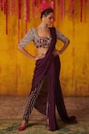 Buy_Pink Peacock Couture_Purple Silk Embroidered Pre-draped Pant Saree Set_at_Aza_Fashions