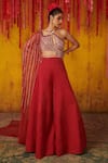 Buy_Masumi Mewawalla_Red Satin Organza Hand Embroidered Sequins Halter Neck Draped Jumpsuit  _at_Aza_Fashions