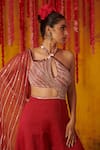 Masumi Mewawalla_Red Satin Organza Hand Embroidered Sequins Halter Neck Draped Jumpsuit  _Online_at_Aza_Fashions