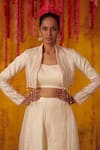 Shop_Masumi Mewawalla_White Satin Organza Hand Embroidered Sequins Jacket Dhoti Pant Set _at_Aza_Fashions