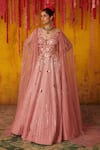 Buy_Masumi Mewawalla_Pink Satin Organza Hand Embroidered Sequins V Neck Draped Sleeve Gown  _at_Aza_Fashions