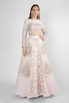 Buy_Masumi Mewawalla_Peach Organza Embroidery Round Embellished Crop Top And Lehenga Set _at_Aza_Fashions