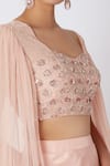 Masumi Mewawalla_Peach Habutai Embroidery U Neck Draped Crop Top And Lehenga Set _Online_at_Aza_Fashions