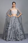 Buy_Masumi Mewawalla_Grey Dupion Sweetheart Neck Organza Cape And Ruffle Lehenga Set _Online_at_Aza_Fashions