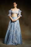 Buy_Masumi Mewawalla_Blue Silk Square Neck Organza Blouse And Lehenga Set _at_Aza_Fashions