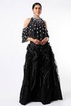 Buy_Masumi Mewawalla_Black Organza, Shantoon, Dupion, Tabby Silk Cold Shoulder Cape And Lehenga Set_at_Aza_Fashions