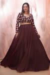 Buy_Masumi Mewawalla_Maroon Organza Embroidery V Neck Blouse And Lehenga Set _at_Aza_Fashions