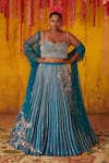 Buy_Masumi Mewawalla_Blue Silk Hand Embroidered Sequins V Neck Cutdana Bridal Lehenga Set _at_Aza_Fashions