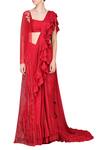 Buy_Masumi Mewawalla_Red Silk Blouse Scoop Pre-draped Saree And Cape  _at_Aza_Fashions