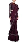 Buy_Masumi Mewawalla_Purple Crepe Round Pre-draped Velvet Ruffle Saree  _at_Aza_Fashions