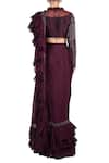 Shop_Masumi Mewawalla_Purple Crepe Round Pre-draped Velvet Ruffle Saree  _at_Aza_Fashions