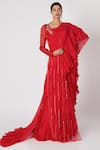 Buy_Masumi Mewawalla_Red Organza Jacket And Ruffle Saree Set  _at_Aza_Fashions