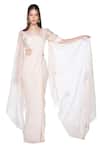 Masumi Mewawalla_White Organza, Crepe, Dupion, Shanton Scoop Neck Pre-draped Saree With Blouse _Online_at_Aza_Fashions