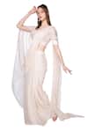 Buy_Masumi Mewawalla_White Organza, Crepe, Dupion, Shanton Scoop Neck Pre-draped Saree With Blouse _Online_at_Aza_Fashions