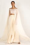 Buy_Masumi Mewawalla_Beige Crepe, Shantoon, Dupion, Tabby Silk Wide Neck Draped Saree Set _at_Aza_Fashions