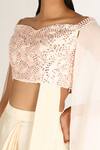 Masumi Mewawalla_Beige Crepe, Shantoon, Dupion, Tabby Silk Wide Neck Draped Saree Set _Online_at_Aza_Fashions