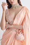 Buy_Masumi Mewawalla_Peach Dupion V Neck Embroidered Saree With Blouse _Online_at_Aza_Fashions