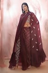 Buy_Masumi Mewawalla_Maroon Silk Embroidery Round Cape And Pant Saree  _at_Aza_Fashions