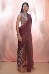 Masumi Mewawalla_Maroon Silk Embroidery Round Cape And Pant Saree  _Online_at_Aza_Fashions