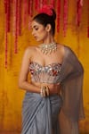 Shop_Masumi Mewawalla_Blue Satin Organza Hand Embroidered Sequins Pre-draped Saree With Blouse _at_Aza_Fashions