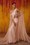 Buy_Masumi Mewawalla_Pink Organza, Dupion Bead Work, Cutdana Pre-draped Saree Embroidered Blouse Set  _at_Aza_Fashions