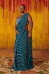 Buy_Masumi Mewawalla_Blue Silk Bead Work, Cutdana Work, Pre-draped Saree Embroidered Blouse Set _at_Aza_Fashions
