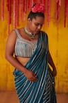 Shop_Masumi Mewawalla_Blue Silk Bead Work, Cutdana Work, Pre-draped Saree Embroidered Blouse Set _at_Aza_Fashions
