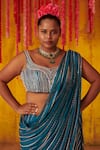 Masumi Mewawalla_Blue Silk Bead Work, Cutdana Work, Pre-draped Saree Embroidered Blouse Set _Online_at_Aza_Fashions