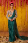 Buy_Pink Peacock Couture_Green Satin Organza Pre-draped Saree Embroidered Blouse Set_at_Aza_Fashions