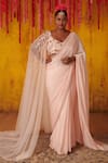 Buy_Masumi Mewawalla_Pink Organza, Dupion Bead Work, Cutdana Pre-draped Saree Embroidered Blouse Set  _at_Aza_Fashions