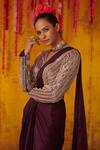Buy_Masumi Mewawalla_Purple Organza, Dupion Bead Work, Pre-draped Saree Embroidered Blouse Set  _Online_at_Aza_Fashions