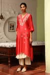 Buy_PRAMA BY PRATIMA PANDEY_Red Silk Chanderi Embroidery V Neck Kurta Set  _at_Aza_Fashions