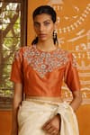 Buy_PRAMA BY PRATIMA PANDEY_Orange Silk Chanderi Embroidery Round Blouse _at_Aza_Fashions