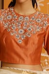 Buy_PRAMA BY PRATIMA PANDEY_Orange Silk Chanderi Embroidery Round Blouse _Online_at_Aza_Fashions