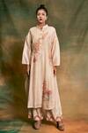 Shop_Shilpi Gupta_Peach Silk Chanderi Embroidery Mandarin Collar Kurta And Palazzo Set _at_Aza_Fashions