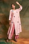 Buy_Shilpi Gupta_Pink Silk Chanderi Embroidery Round Kurta And Palazzo Set _at_Aza_Fashions