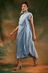 Shilpi Gupta_Blue Organic Rayon Mandarin Collar Draped Dress _Online_at_Aza_Fashions