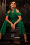 Shop_Label Deepika Nagpal_Green 23% Viscose, 3% Elastane, Luxury Heavy Cold Shoulder Blazer And Pant Set _at_Aza_Fashions