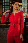 Shop_Label Deepika Nagpal_Red 23% Viscose, 3% Elastane, Luxury Heavy Crepe Wide Neck Blazer And Pant Set _at_Aza_Fashions