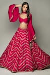 Buy_Prevasu_Fuchsia Hand Embroidered Zardozi Plunge Leaf Neck Chevron Lehenga Set  _at_Aza_Fashions