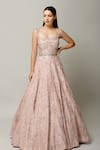 Buy_Prevasu_Pink Raw Silk Sequins, Pipes And Micro Camellia Embellished Gown With Belt _at_Aza_Fashions