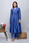 Kalakaari By Sagarika_Blue Cotton, Chanderi Silk Plain V Neck Kurta And Pant Set _Online_at_Aza_Fashions