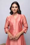 Kalakaari By Sagarika_Peach Chanderi Silk Plain V Neck Straight Tunic _at_Aza_Fashions